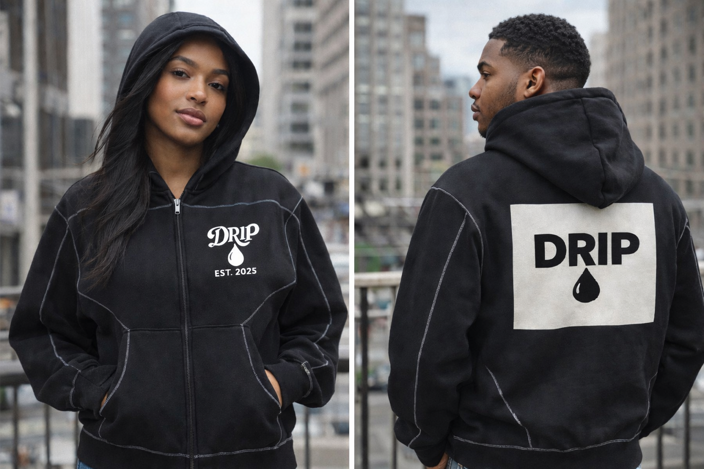 Contrast-Stitched Boxy Fleece Zip Hoodie