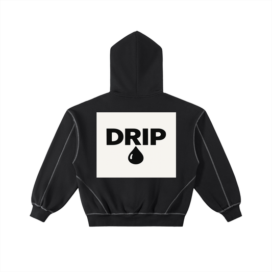 Contrast-Stitched Boxy Fleece Zip Hoodie