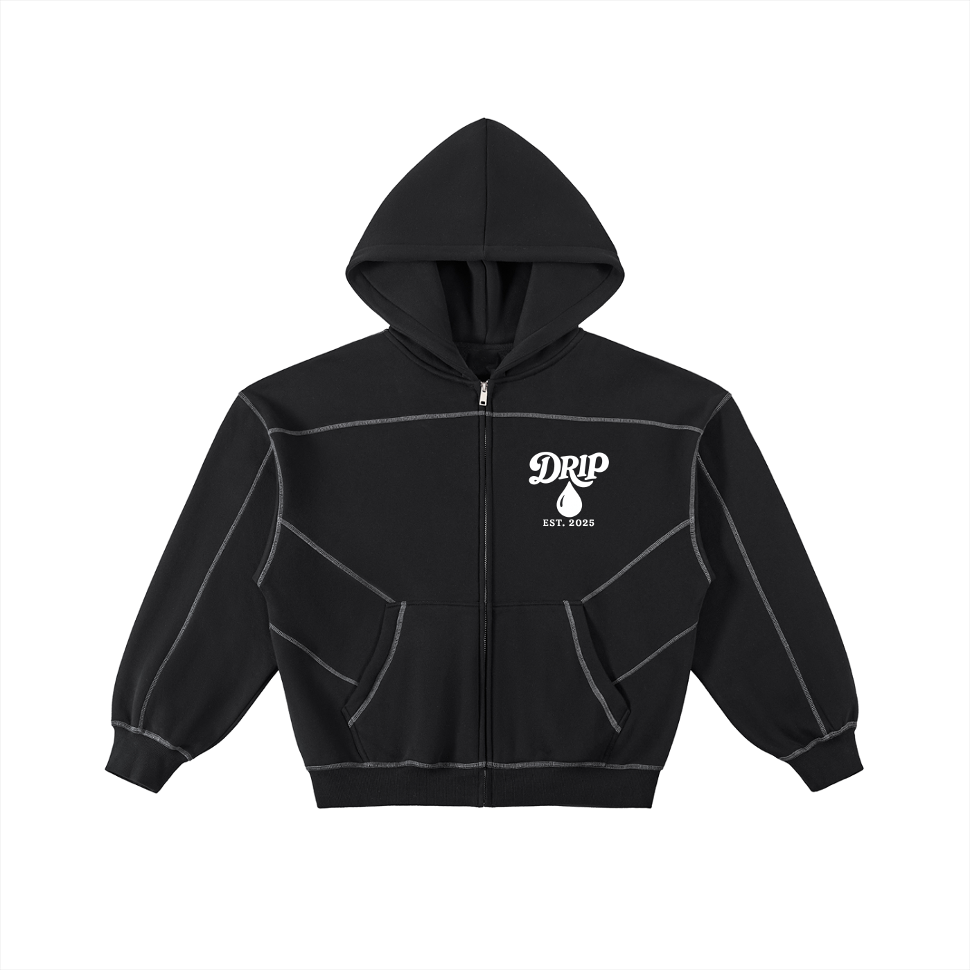 Contrast-Stitched Boxy Fleece Zip Hoodie