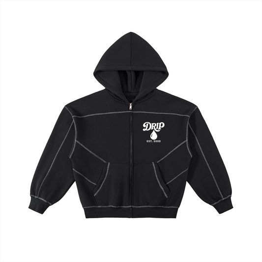 Contrast-Stitched Boxy Fleece Zip Hoodie