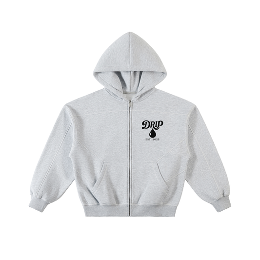 Contrast-Stitched Boxy Fleece Zip Hoodie